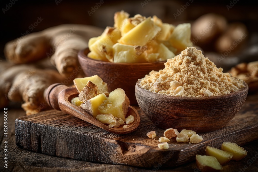 Ginger pieces and powdered ginger displayed in wooden bowls on a rustic table setting in a warm kitchen environment Ginger pieces and powdered ginger displayed in wooden bowls on a rustic table setting in a warm kitchen environment