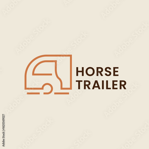 Horse Trailer Logo. Monoline Horse Head Icon Combined with Cargo Trailer Symbol. Simple Minimalist Logo Design Vector Template