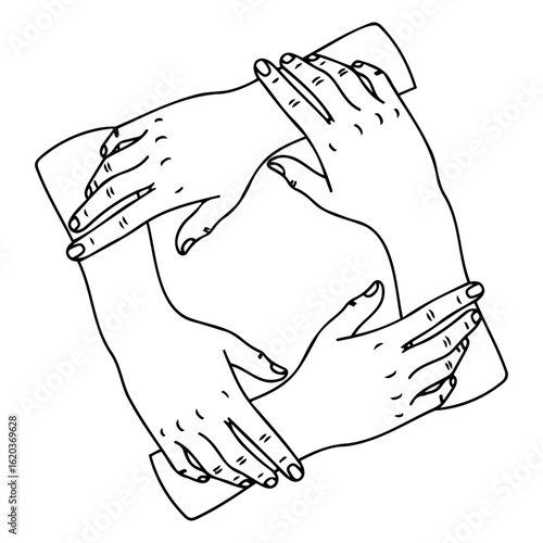 Four arms and hands intertwined forming a square in a line drawing on transparent background