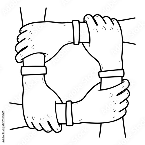 Four hands connected at the wrists forming a square shape in black outline on transparent background