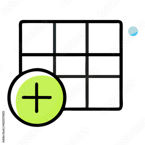 Grid table with plus sign icon isolated on white background for adding data and creating spreadsheets