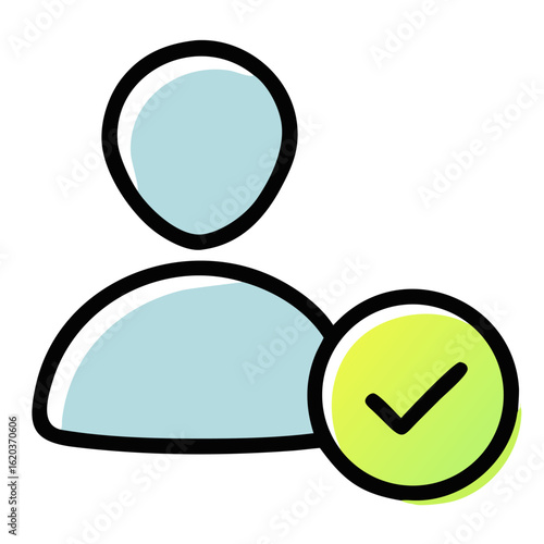 User profile with check mark icon isolated on white background for account verification and access confirmation