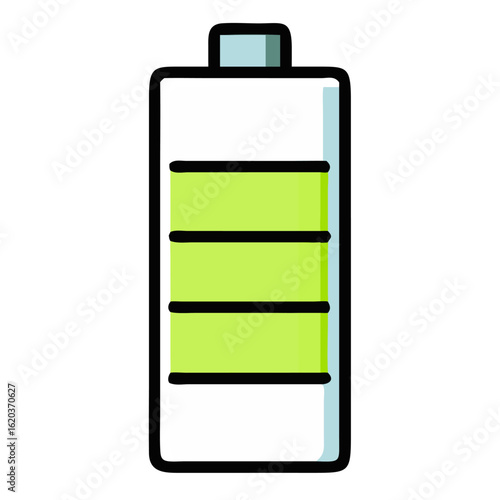 A fully charged battery icon, representing energy and power, isolated on white background, in cartoon style