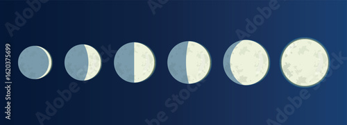 Moon phases. The whole cycle from new moon to full moon. Icon night space astronomy and nature moon phases, sphere shadow. Vector illustration