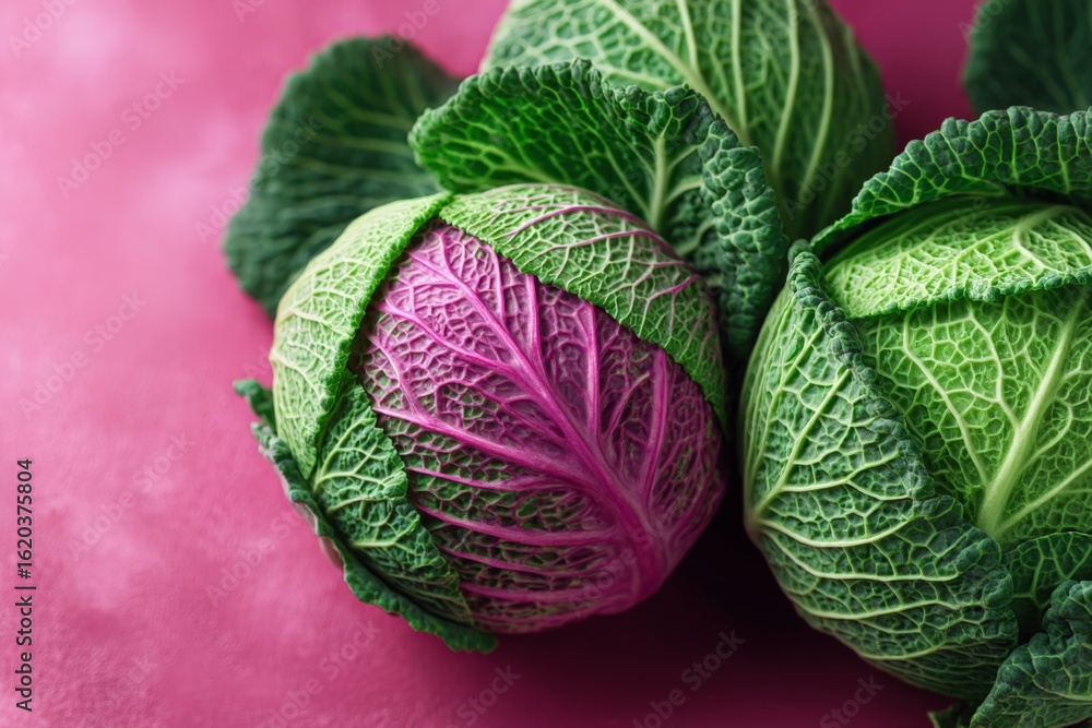 Fototapeta premium Fresh green and purple cabbage on a vibrant pink background showcasing natural textures and colors