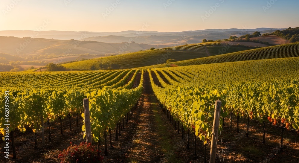 Fototapeta premium Vineyard Landscape: Golden Hour Sunlit Grapevines, Rolling Hills, Wine Country Scenery, Autumn Harvest