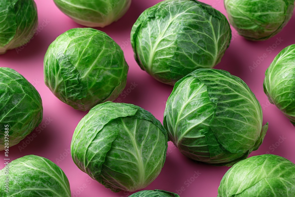 Fototapeta premium Fresh green cabbages displayed on a pink background showcasing their vibrant color and texture
