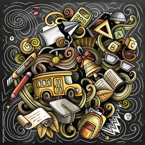 Vector chalkboard illustration of school and education objects