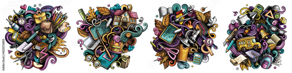 Obraz premium School cartoon vector doodle designs set.
