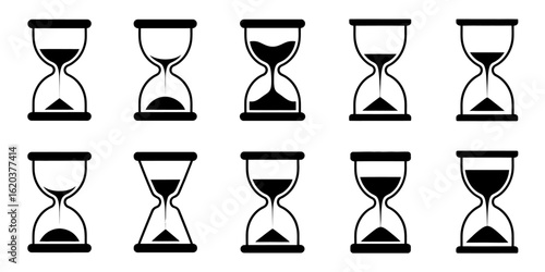 Collection of various hourglasses showing different stages of sand time flow as silhouettes