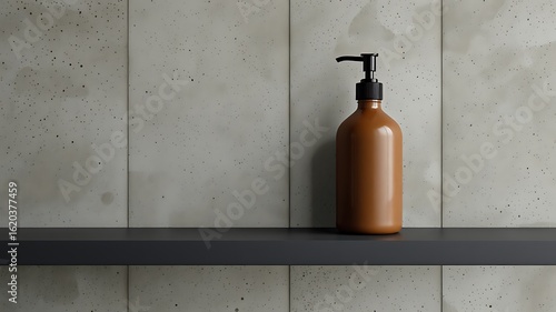 Illustration of a brown pump bottle sits on a sleek black shelf against a textured concrete wall, creating a minimalist and modern bathroom aesthetic