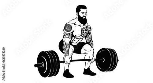 Powerful Muscular Bearded Tattooed Man Deadlifting Heavy Barbell
