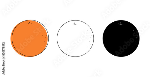 Colored orange, outline and black silhouette, isolated on white, flat design, vector editable illustration. Citrus fruit for decoration, design, labels, covers. A set of graphic icons