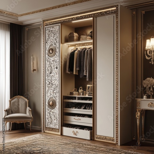 Luxurious walk-in closet with ornate details