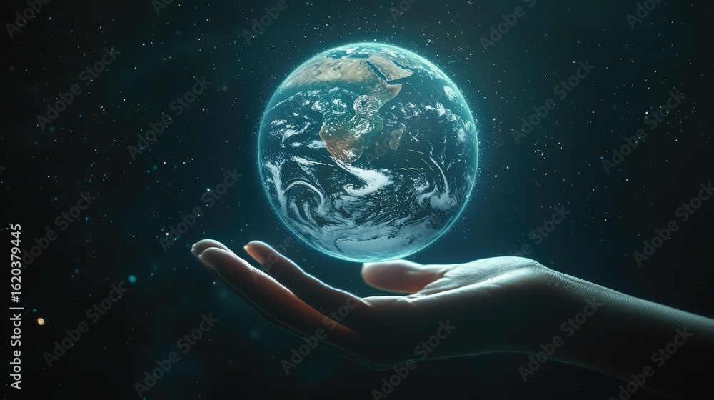 The 8k realism is illustrated with a large hand projected on the entire surface, holding a round sphere (the earth) in a floating position. The 8k realism is illustrated with a large hand projected on the entire surface, holding a round sphere (the earth) in a floating position.