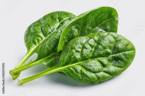 Fresh green spinach leaves with water droplets isolated on a white background, ideal for healthy recipes and nutrition