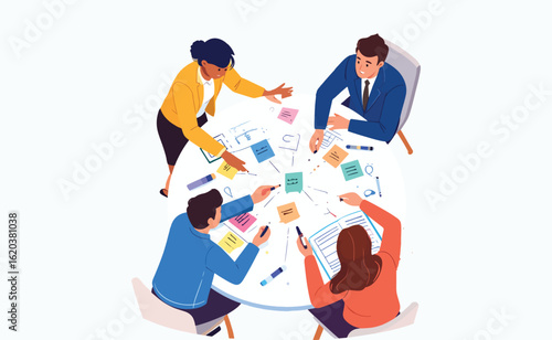 Flat Vector Illustration of Office Team Brainstorming Around a Table – Creative Collaboration, Business Planning, Minimal Style