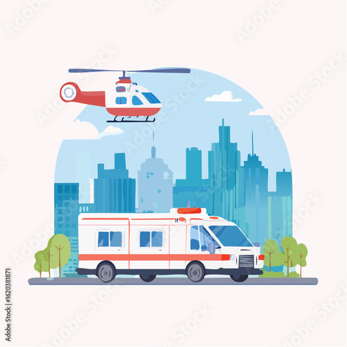 Flache Vektorillustration: Krankenwagen und Rettungshubschrauber im Einsatz
