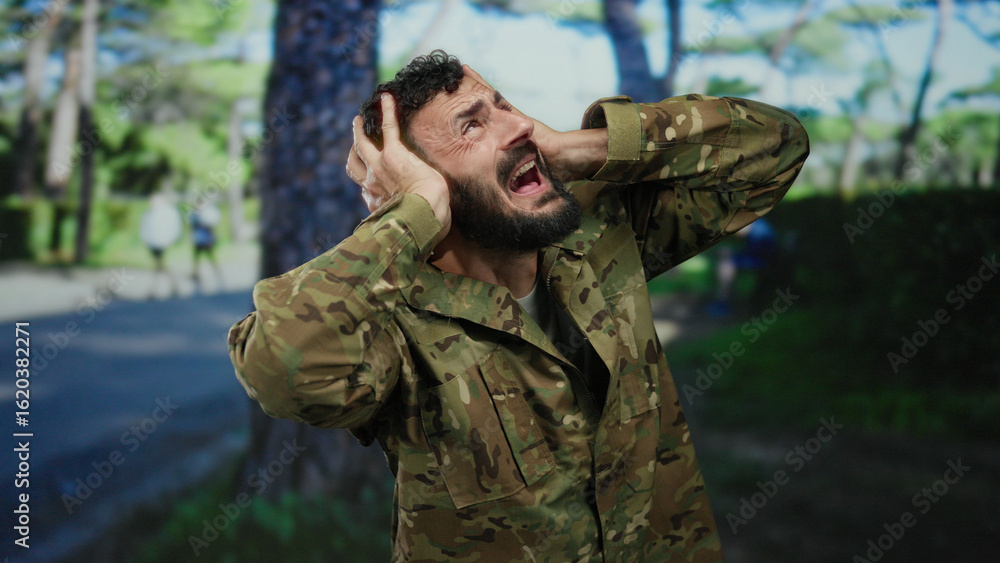 Obraz premium Hispanic man in military uniform with beard standing in park surrounded by trees while expressing frustration outdoors.