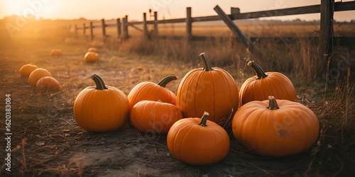 Fototapeta Naklejka Na Ścianę i Meble -  Pumpkins in a field at sunset with a wooden fence