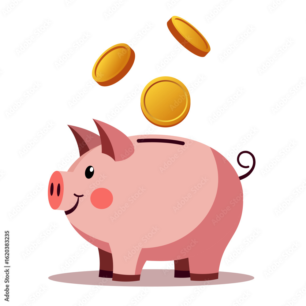Obraz premium Piggy bank with falling golden coins. Concept of savings and accumulation of finances. Vector illustration.