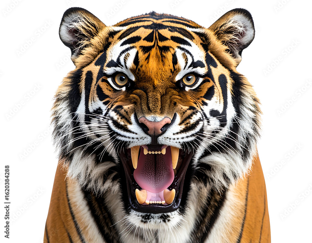 Obraz premium Fierce Roaring Tiger Head Close-Up with Bared Teeth, Front View, Transparent PNG