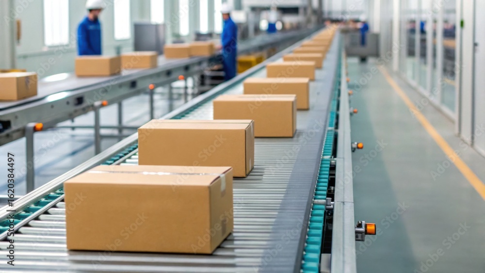 Fototapeta premium A streamlined conveyor belt processes packages in a modern warehouse, showcasing efficient logistics and automated systems in action.