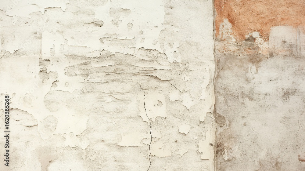 Obraz premium Close-up of a crack in an outdoor travertine wall, highlighting texture and color contrast with nearby concrete flooring, adding character, visual interest, and depth to architectural details.