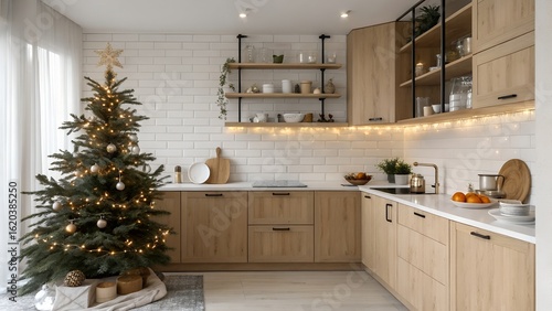 Scandinavian Kitchen with Light Wood Cabinets and Pinecone Holiday Tree