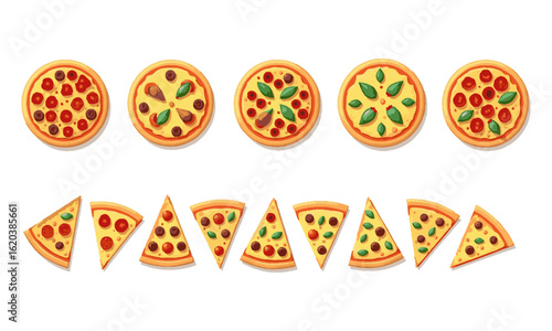 Scalable modern vector illustration of a horizontal layout featuring a variety of pizzas, pepperoni, mushrooms, green peppers, red onions, black olives, sausage, sweet corn, tomatoes, easily editable.