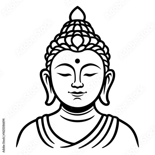 Serene buddha face silhouette with closed eyes isolated on white background