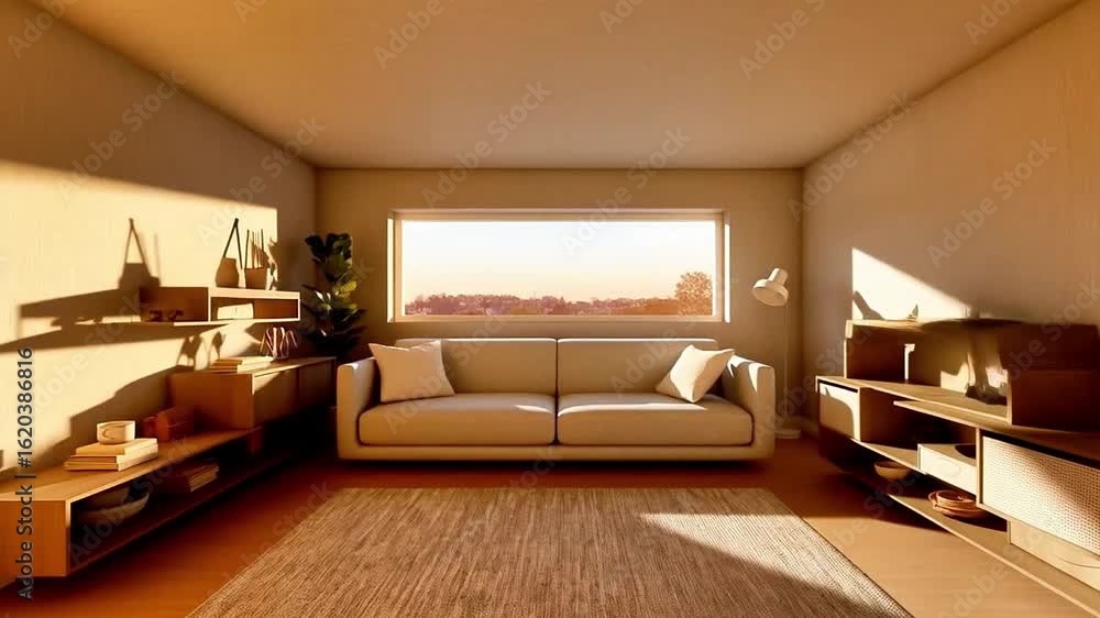 Time-lapse of living room furnishing itself with sofa, rug, and shelves. Time-lapse. 4K.
Time-lapse of living room furnishing itself with sofa, rug, and shelves. Time-lapse. 4K.