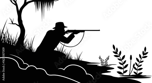 Stealthy Hunter Creeping Through Swamp During Hunting Season