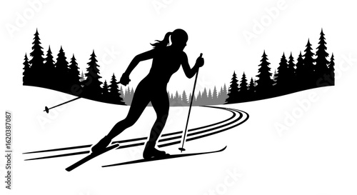 Woman Cross-Country Skiing on Snowy Forest Track in Winter