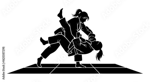 Black Silhouette Icon: Two Women Fighting Judo on a Tatami Mat