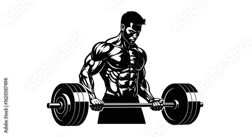 Muscular Man Preparing for Intense Deadlift Workout with Heavy Barbell