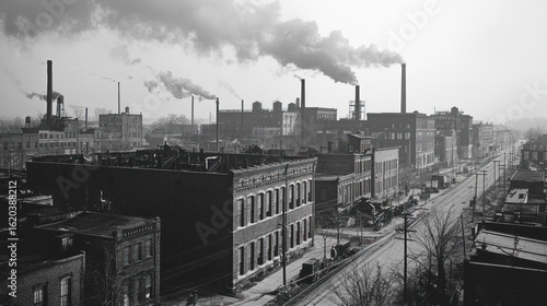 Historical black-and-white factory background from the early 20th century.