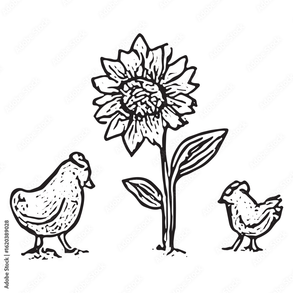Fototapeta premium Hand-Drawn Farmer with Chicks Illustration for Rural Scenes
