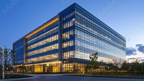 A smart building with automated window shades, lighting, and energy management systems.
