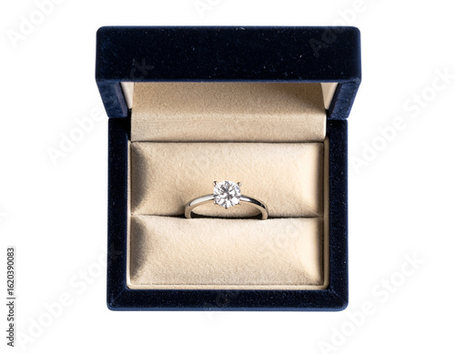  Open Jewelry Box with Engagement Ring Inside, Top-Down Flat Lay, Transparent Background PNG