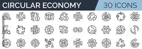 Set of 30 outline icons related to circular economy. Linear icon collection. Editable stroke. Vector illustration