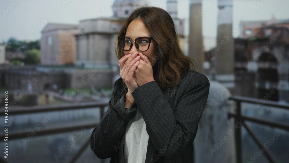 Fototapeta premium Young woman in glasses at roman ruins expressing surprise amidst historic architecture and outdoor city backdrop under a clear sky.