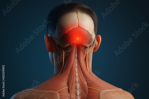 Back view of head with glowing occipital pain, showing cranial nerves and neck muscles. Medical concept of tension-type headache, occipital neuralgia, nerve inflammation, head pressure.