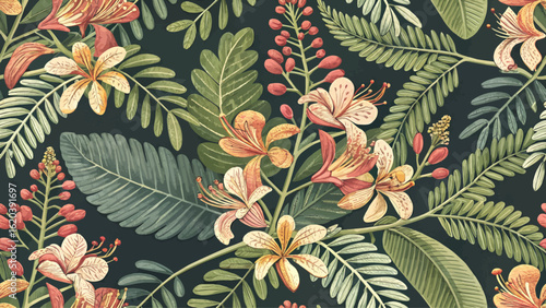 Seamless pattern, Tamarind flower pattern, high resolution, designed for fabric or wallpaper.