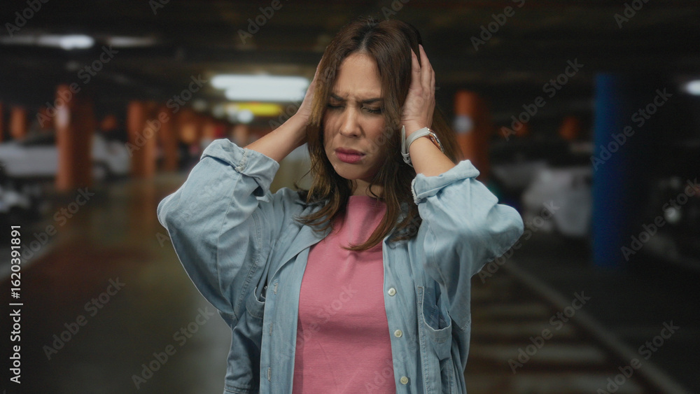 Fototapeta premium Woman holds head in frustration in indoor parking wearing denim and pink shirt against dimly lit background representing stress and confusion in daily urban environment.