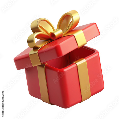Isolated open red gift box with gold ribbon bow for birthday christmas valentine present surprise 3d render