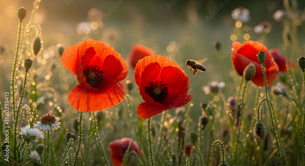 Fototapeta premium Vibrant red poppies with a bee in flight, bathed in golden sunlight, creating a stunning nature scene perfect for spring designs