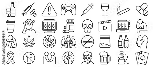 Addiction and social problems line icon set including gaming and harmful substance abuse concept vector illustration symbols for social awareness campaign and rehabilitation