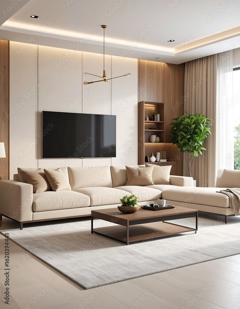 Fototapeta premium Modern beige living room interior (1)