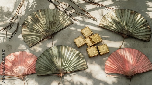 Decorative Fans and Golden Blocks on a Textured Surface